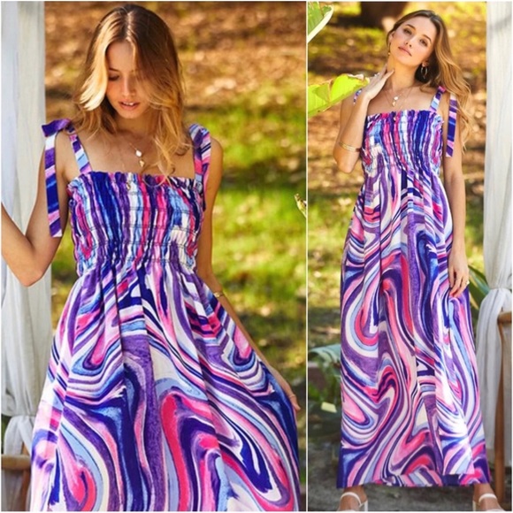 1 LEFT! USA MADE Watercolor Swirl Side Slit Shoulder Tie Bow Maxi Dress - Picture 3 of 3